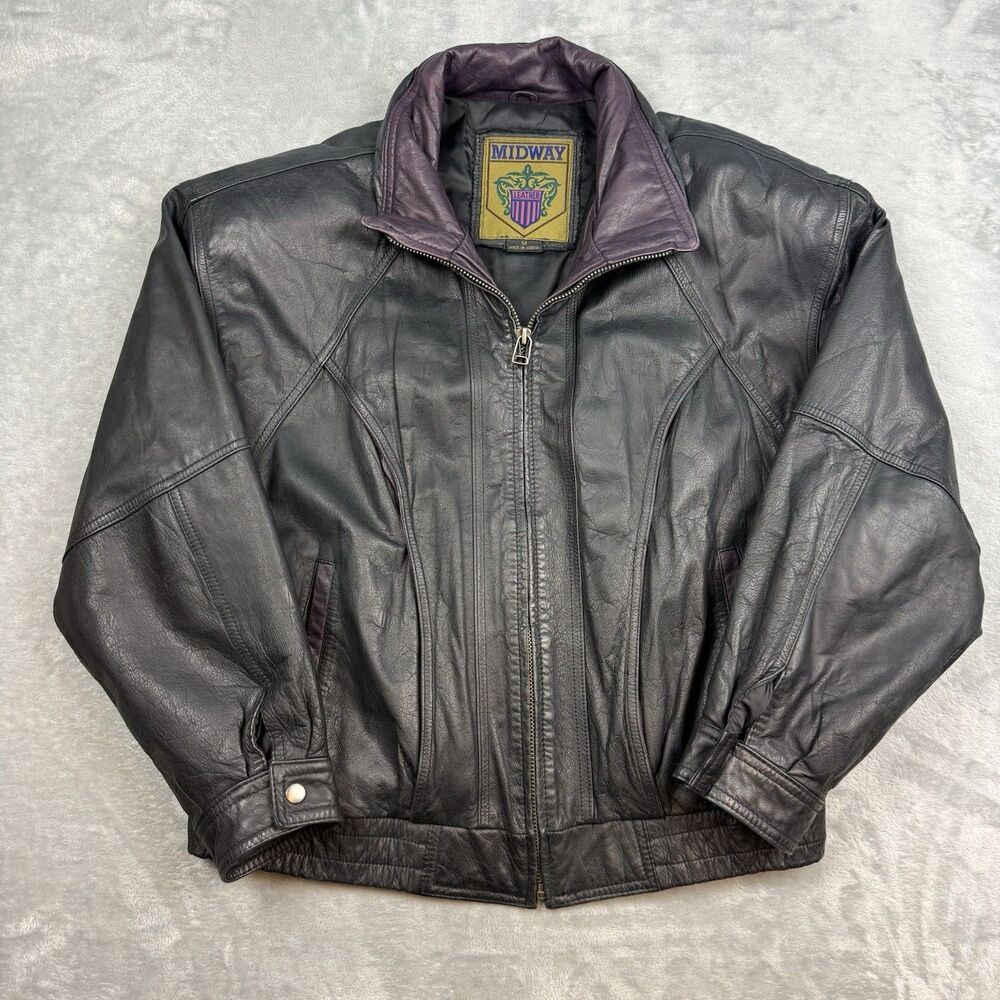 Vintage Midway Leather Jacket Mens Medium Black Purple Motorcycle 80s